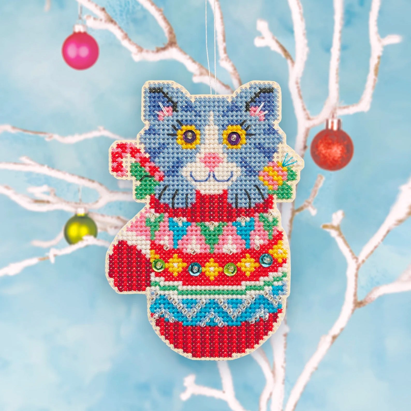 Mitten Kitten Cross Stitch Ornament Kit - Stitched Modern